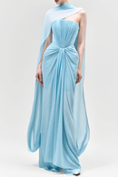 Eudocia Scarf Strapless Ruched Maxi Dress In Blue