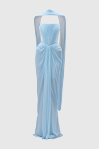 Eudocia Scarf Strapless Ruched Maxi Dress In Blue