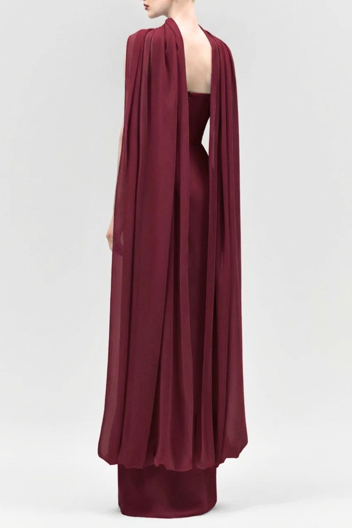 Eudocia Scarf Strapless Ruched Maxi Dress In Wine