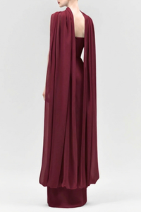 Eudocia Scarf Strapless Ruched Maxi Dress In Wine