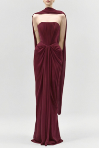 Eudocia Scarf Strapless Ruched Maxi Dress In Wine