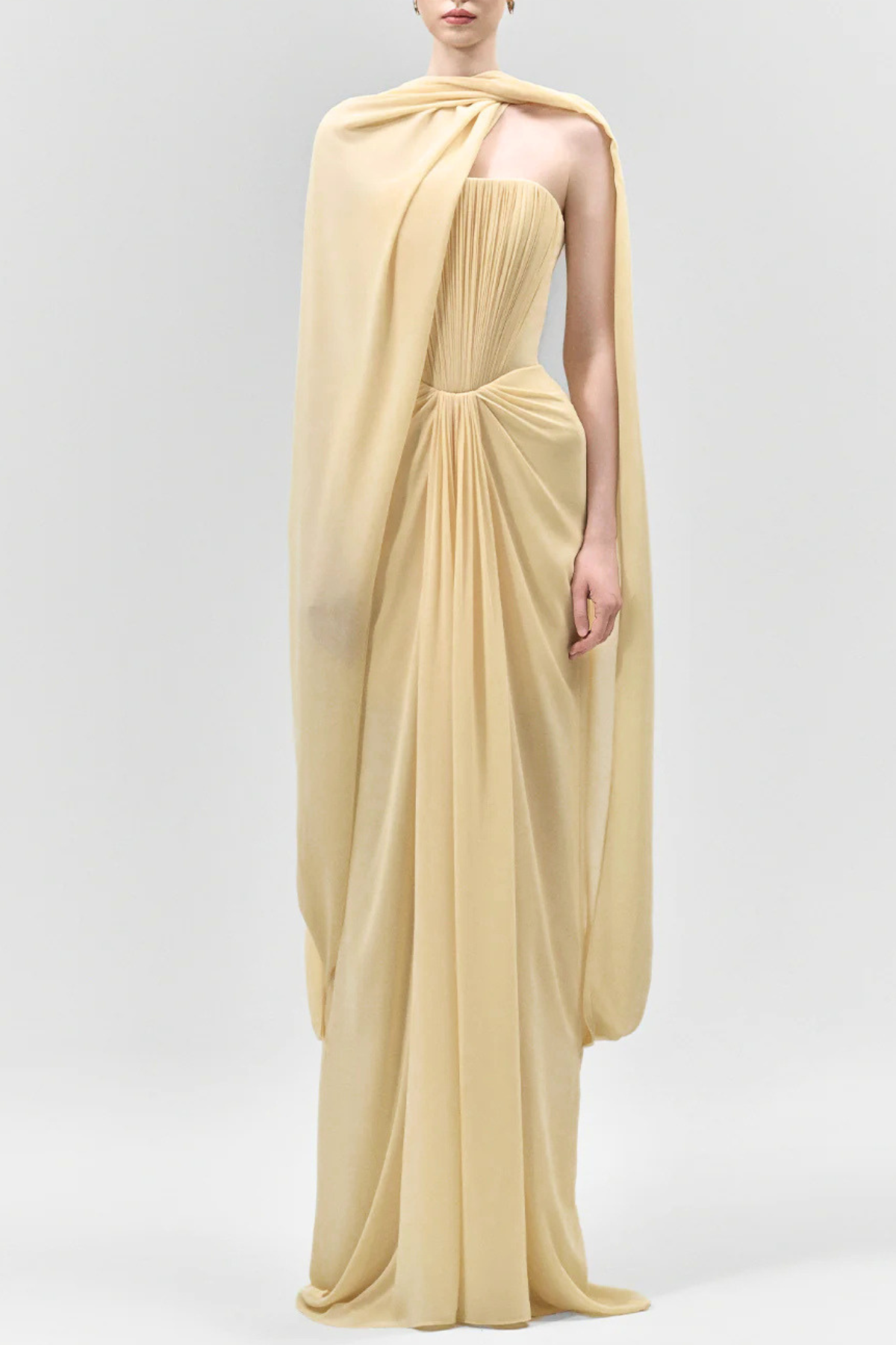 Eudocia Scarf Strapless Ruched Maxi Dress In Yellow