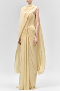 Eudocia Scarf Strapless Ruched Maxi Dress In Yellow