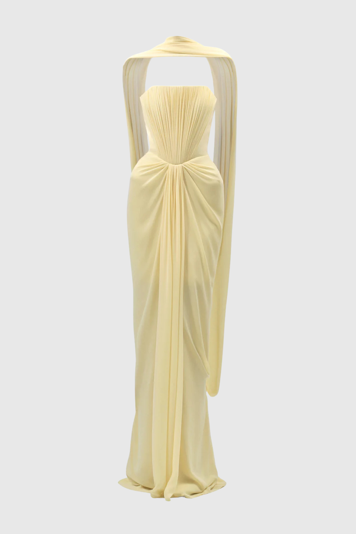 Eudocia Scarf Strapless Ruched Maxi Dress In Yellow