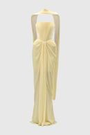 Eudocia Scarf Strapless Ruched Maxi Dress In Yellow