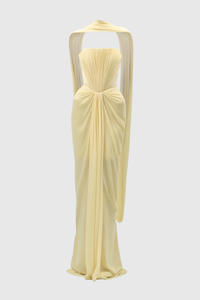 Eudocia Scarf Strapless Ruched Maxi Dress In Yellow