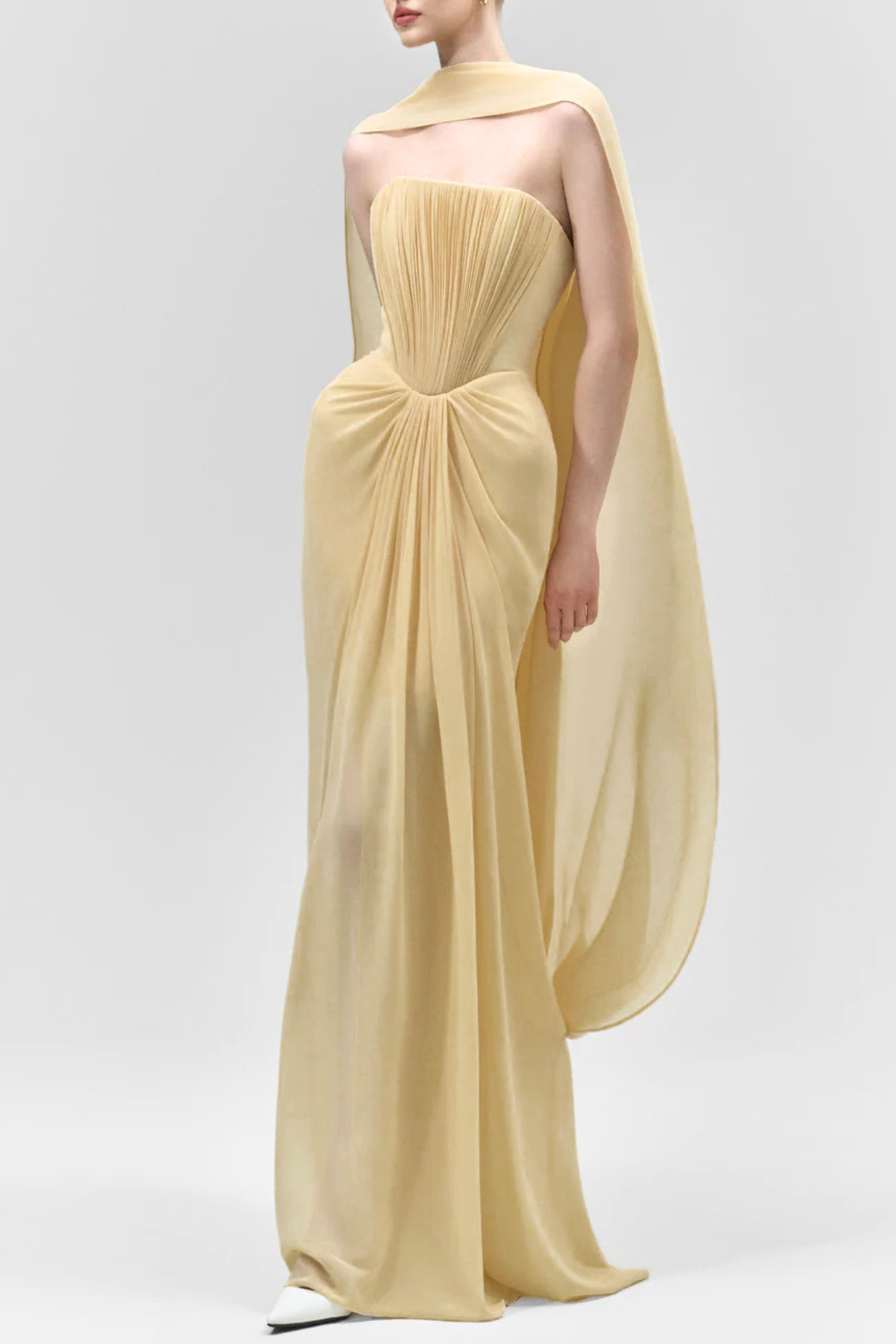 Eudocia Scarf Strapless Ruched Maxi Dress In Yellow