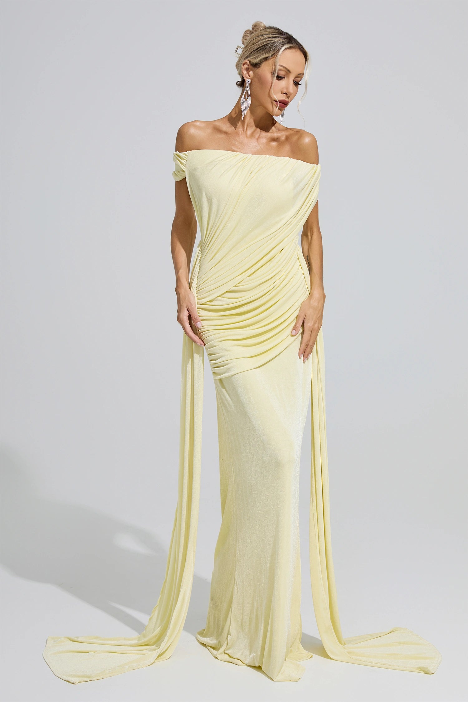 Fumiyo Yellow Ruffle Bandage Bodycon Maxi Dress