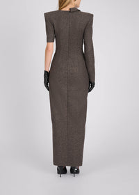 Gormex Asymmetrical Long-Sleeve Lace Blazer Maxi Dress