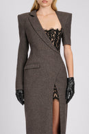 Gormex Asymmetrical Long-Sleeve Lace Blazer Maxi Dress