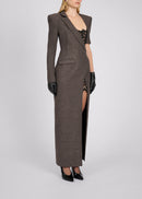 Gormex Asymmetrical Long-Sleeve Lace Blazer Maxi Dress