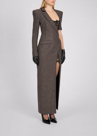 Gormex Asymmetrical Long-Sleeve Lace Blazer Maxi Dress