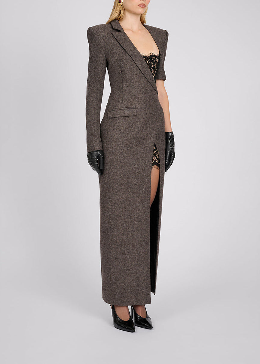 Gormex Asymmetrical Long-Sleeve Lace Blazer Maxi Dress