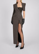 Gormex Asymmetrical Long-Sleeve Lace Blazer Maxi Dress
