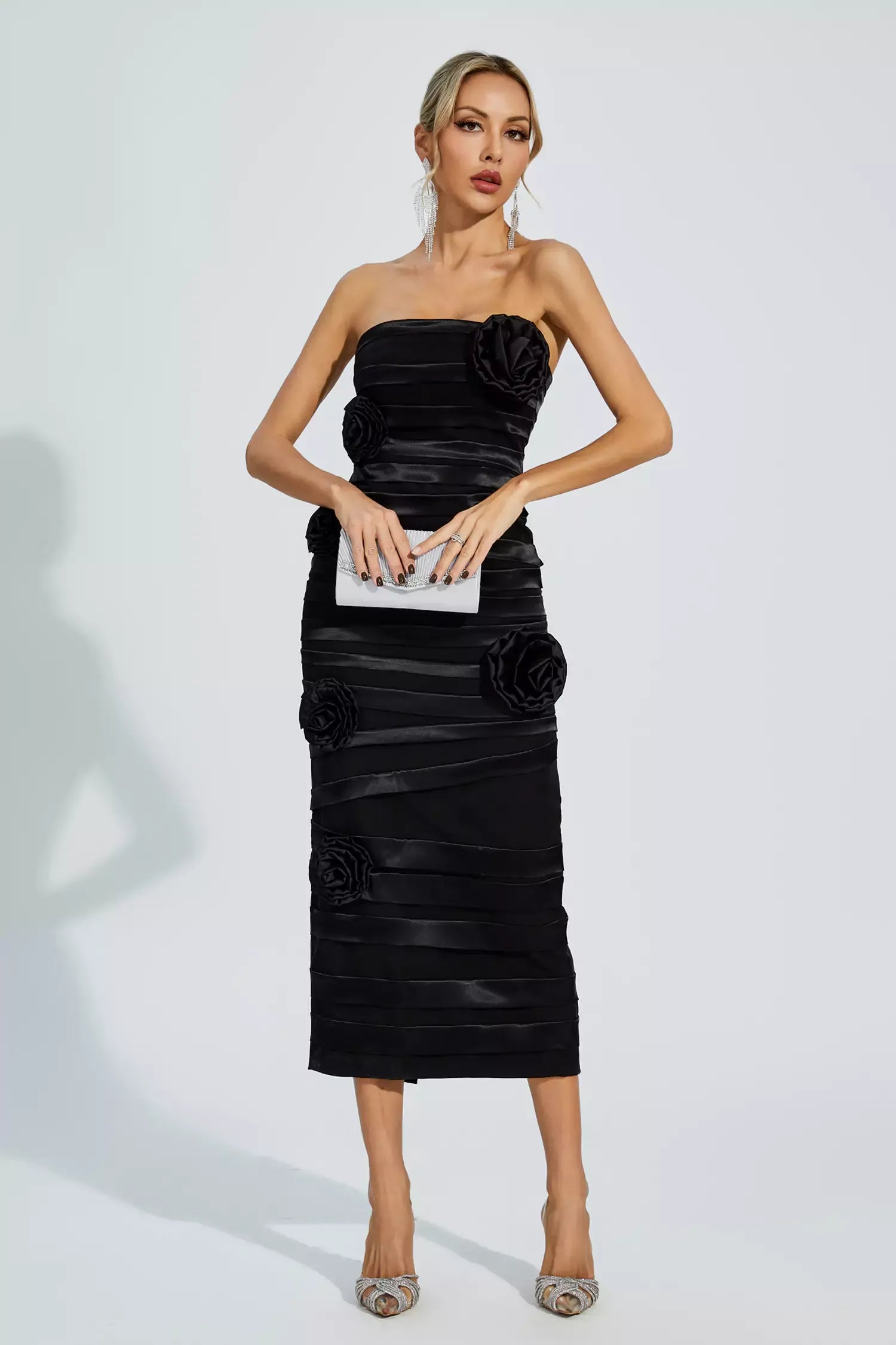 Heike Black Floral Strapless Evening Dress