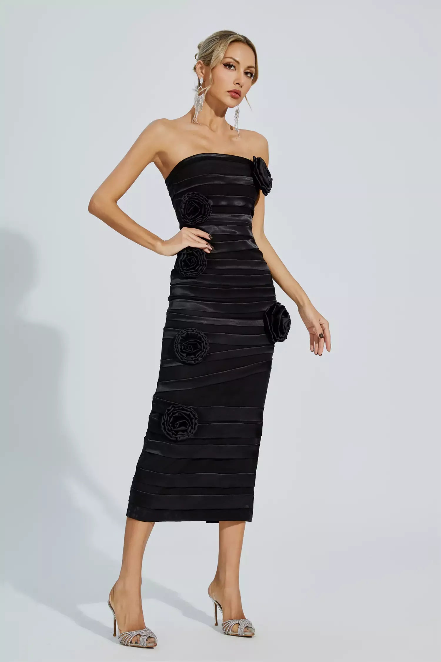Heike Black Floral Strapless Evening Dress