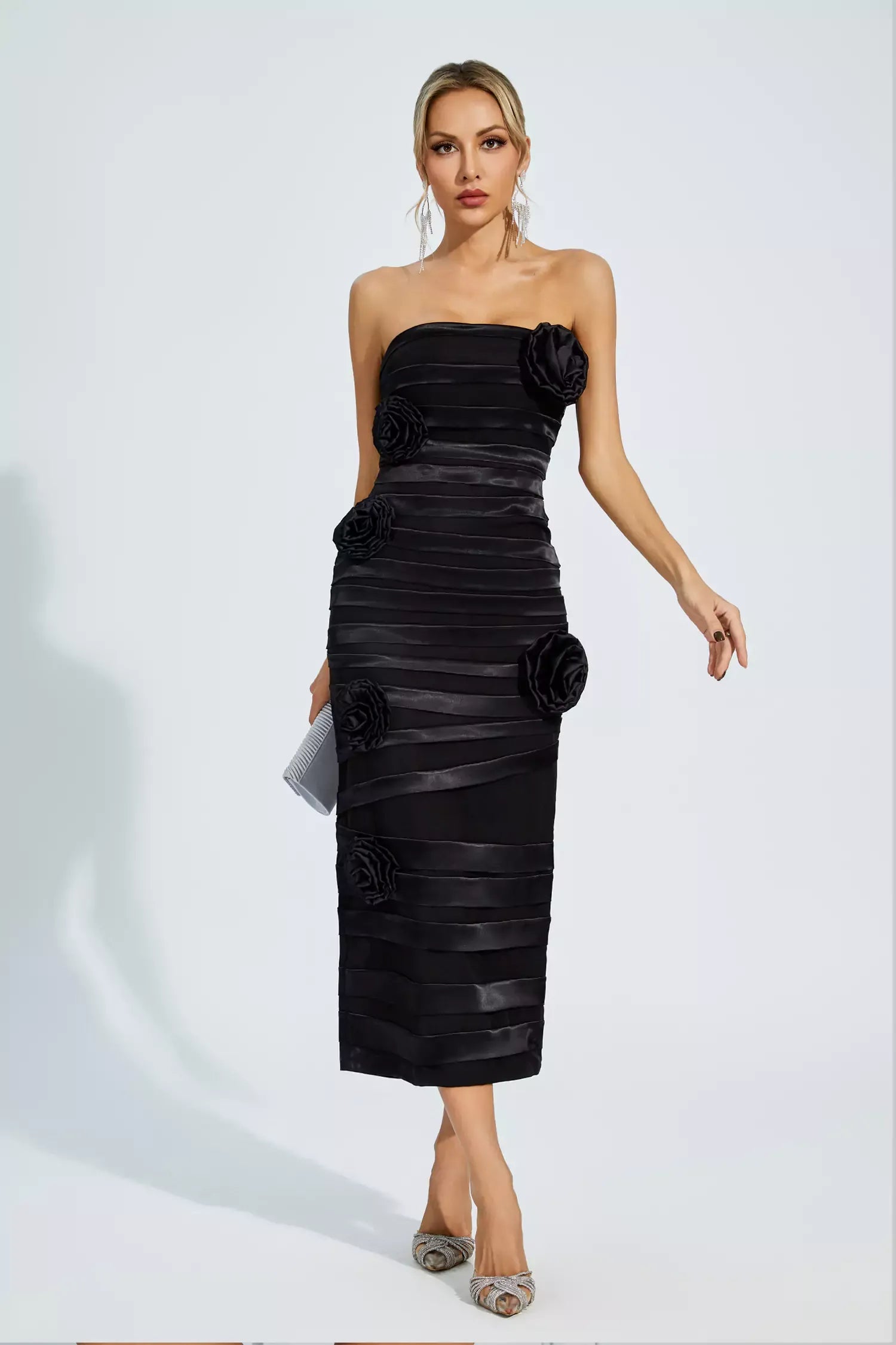 Heike Black Floral Strapless Evening Dress