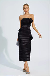 Heike Black Floral Strapless Evening Dress