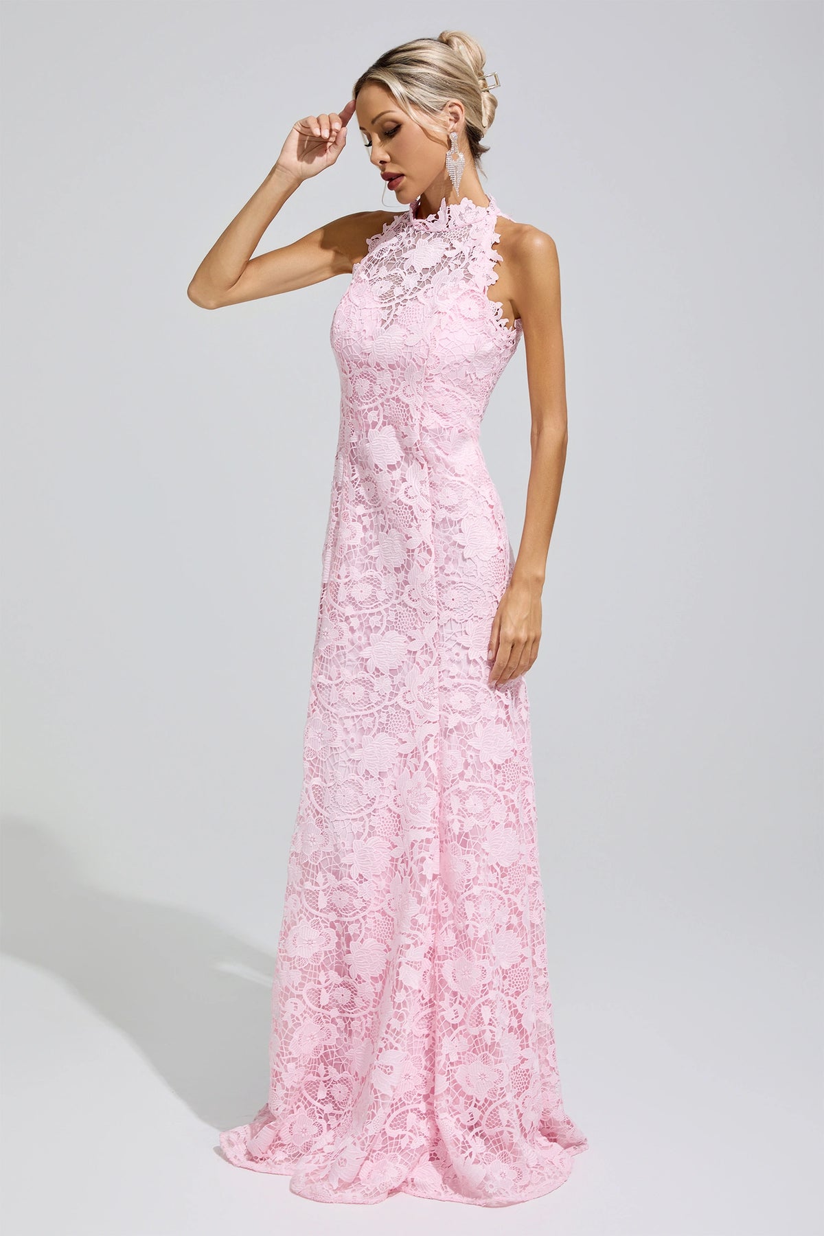 Iskava Pink Sleeveless Lace Bodycon Maxi Dress