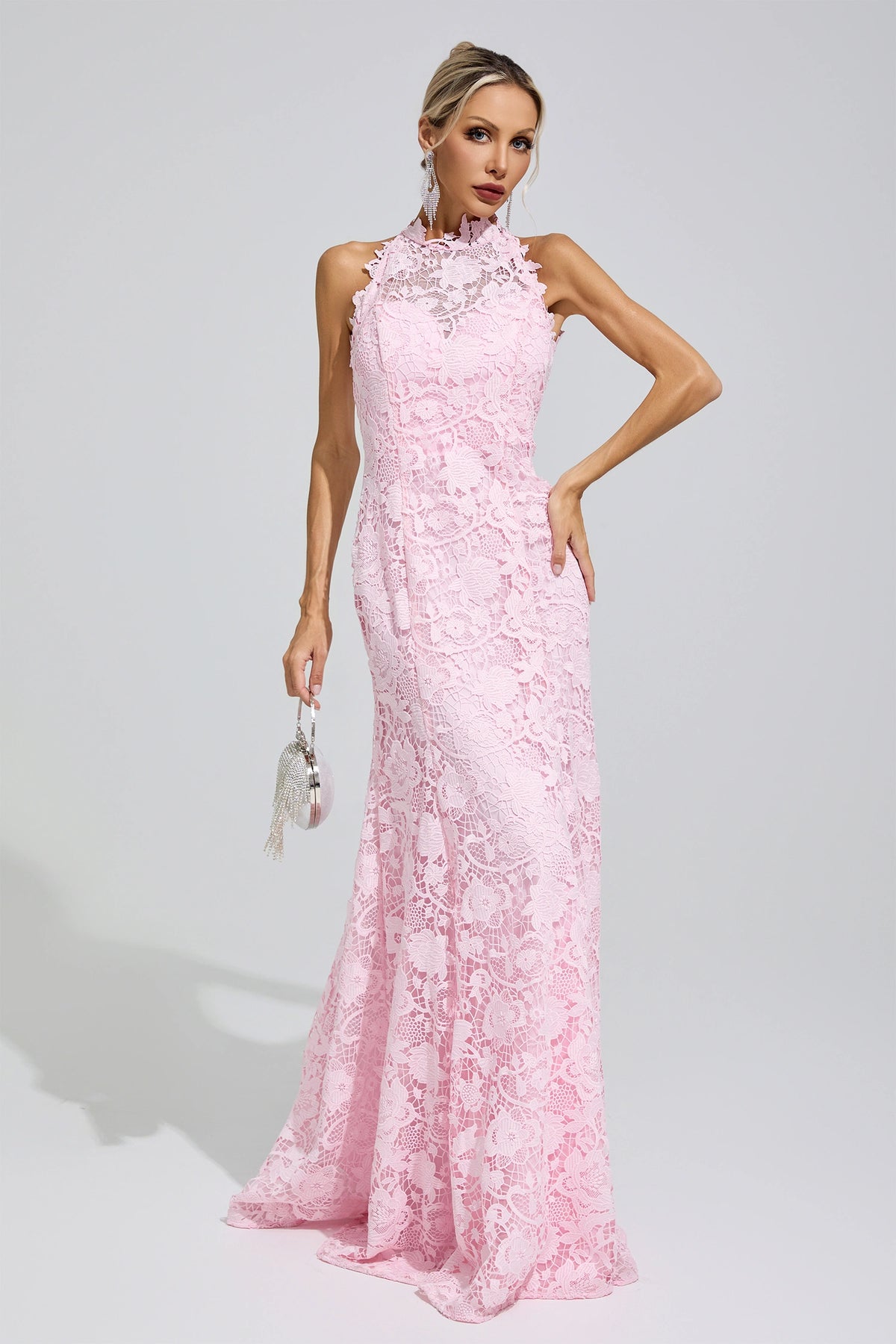 Iskava Pink Sleeveless Lace Bodycon Maxi Dress