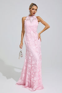 Iskava Pink Sleeveless Lace Bodycon Maxi Dress