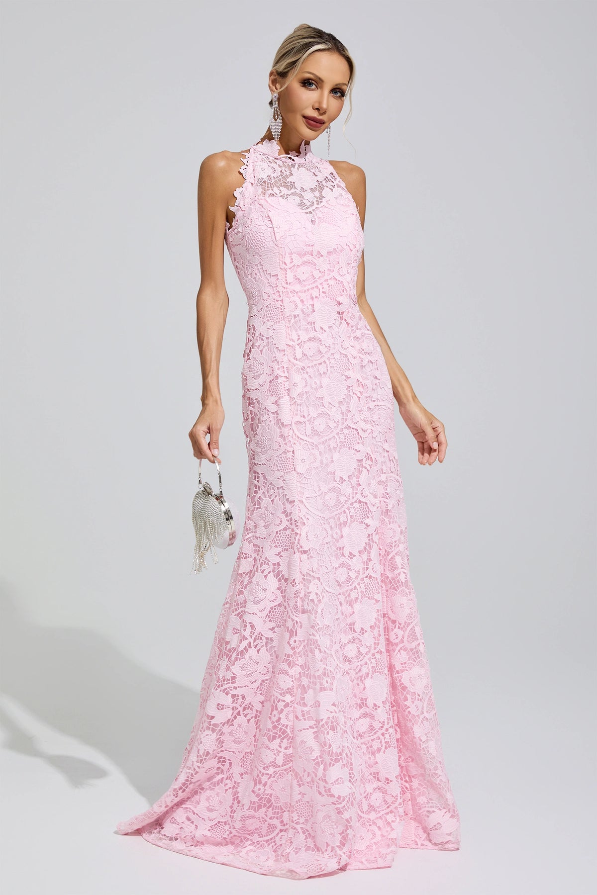 Iskava Pink Sleeveless Lace Bodycon Maxi Dress
