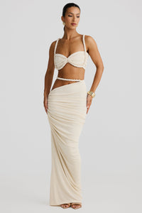 Marella Swimsuit Braided Suspender Top Slit Skirt Set In Apricot