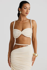 Marella Swimsuit Braided Suspender Top Slit Skirt Set In Apricot