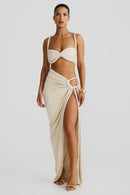 Marella Swimsuit Braided Suspender Top Slit Skirt Set In Apricot
