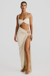 Marella Swimsuit Braided Suspender Top Slit Skirt Set In Apricot