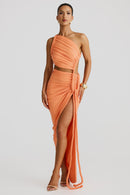 Leolani One-Shoulder Strapless Backless Cutout Pleated Maxi Dress In Orange