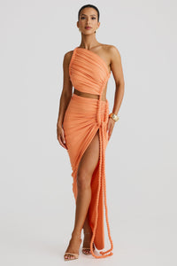 Leolani One-Shoulder Strapless Backless Cutout Pleated Maxi Dress In Orange