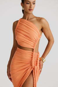 Leolani One-Shoulder Strapless Backless Cutout Pleated Maxi Dress In Orange