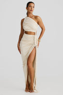 Leolani One-Shoulder Strapless Backless Cutout Pleated Maxi Dress In Grey