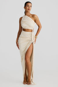 Leolani One-Shoulder Strapless Backless Cutout Pleated Maxi Dress In Grey