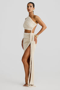 Leolani One-Shoulder Strapless Backless Cutout Pleated Maxi Dress In Grey