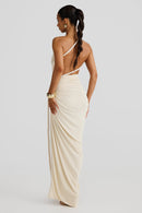 Leolani One-Shoulder Strapless Backless Cutout Pleated Maxi Dress In Grey