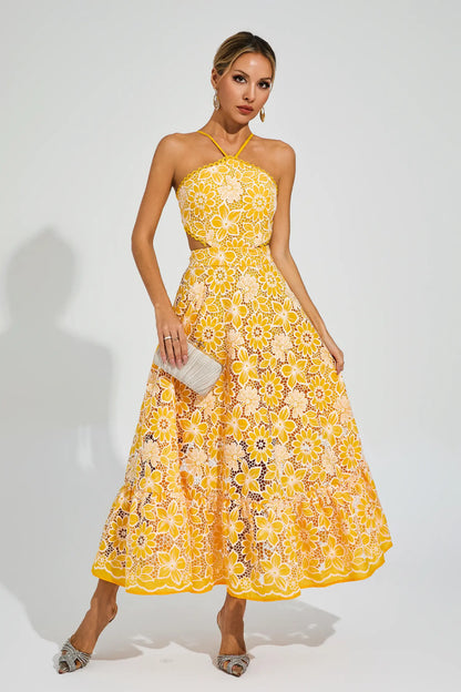 Michaelia Yellow Cut Out Halter Dress-CATCHALL