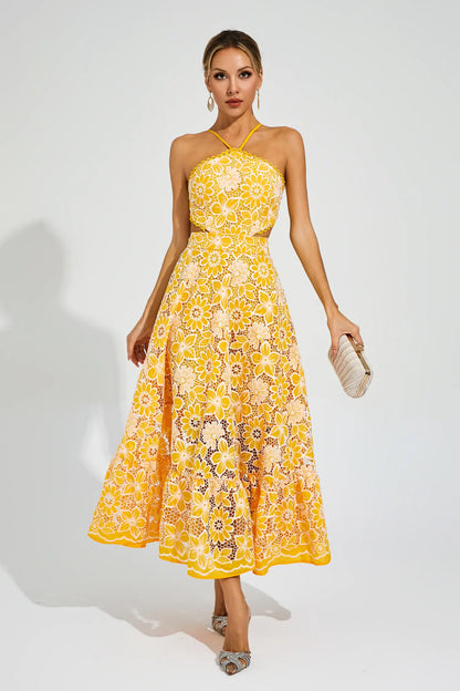 Dacre Cutout Halter Dress In Yellow