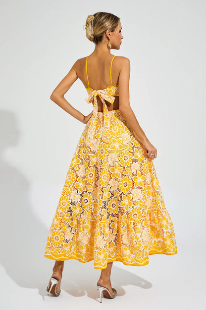 Michaelia Yellow Cut Out Halter Dress-CATCHALL