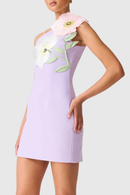 Destaing Floral Appliqué One Shoulder Mini Dress In Purple