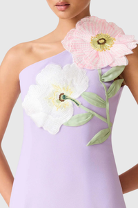 Destaing Floral Appliqué One Shoulder Mini Dress In Purple