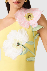 Destaing Floral Appliqué One Shoulder Mini Dress In Yellow