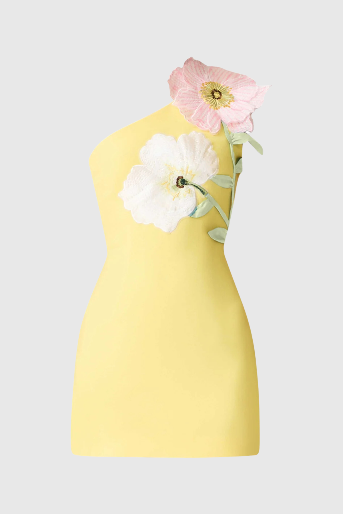 Destaing Floral Appliqué One Shoulder Mini Dress In Yellow
