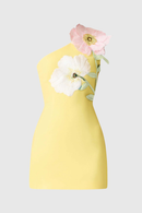 Destaing Floral Appliqué One Shoulder Mini Dress In Yellow