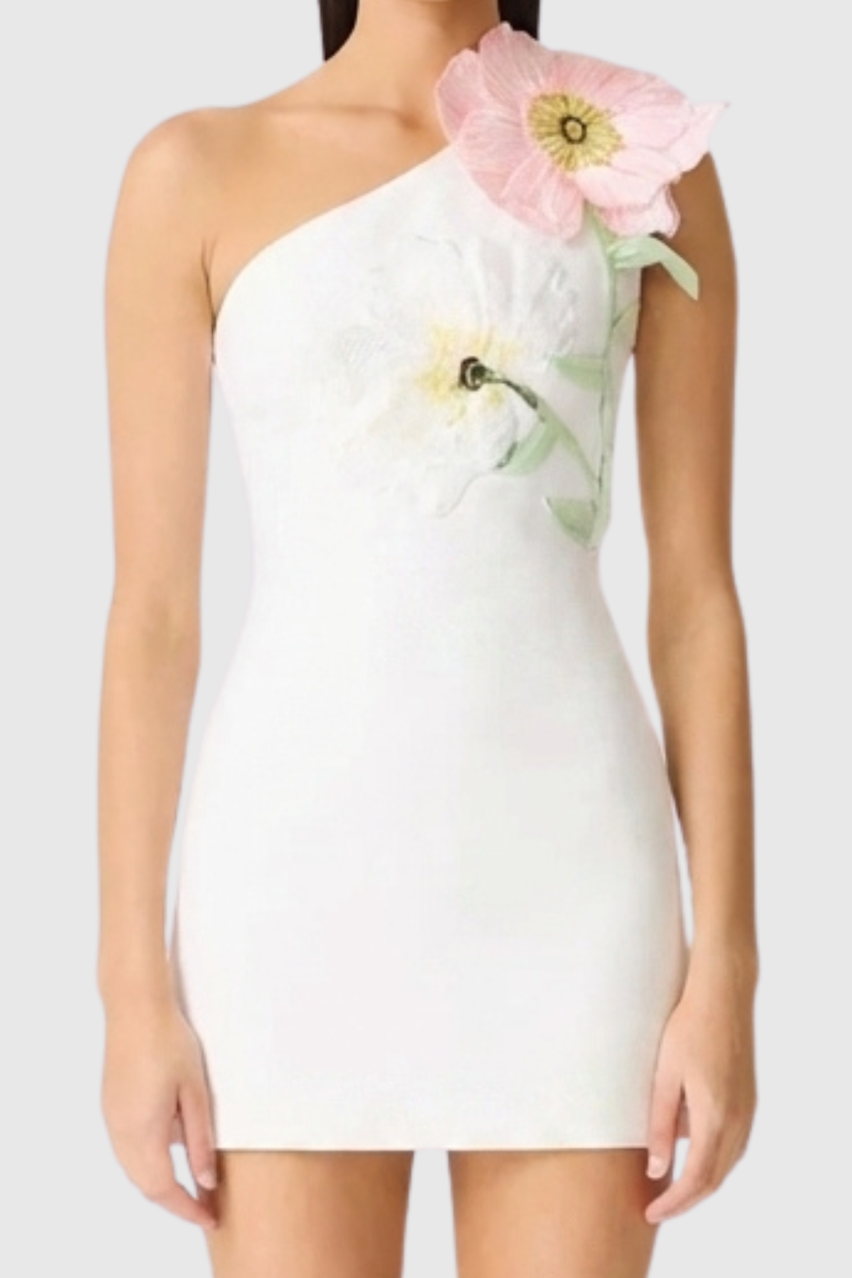 Destaing Floral Appliqué One Shoulder Mini Dress In White