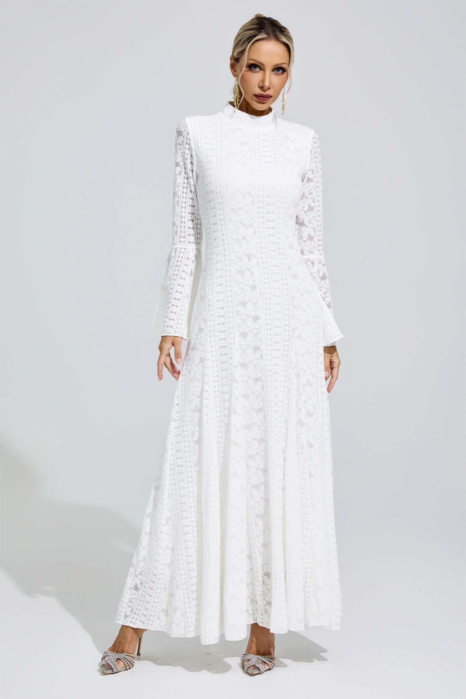 Franka White Flared Sleeve Embroidered Maxi Dress
