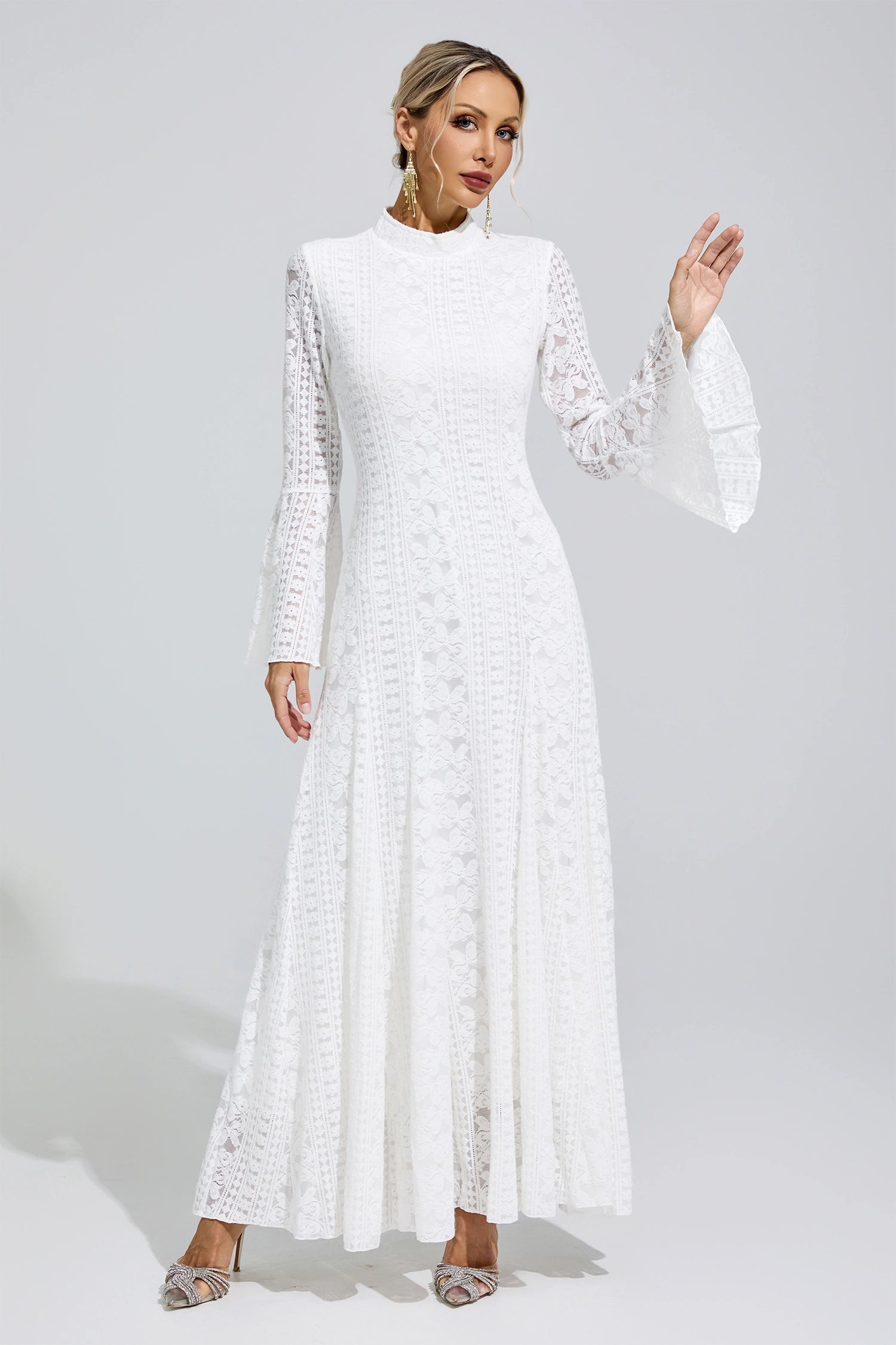 Franka White Flared Sleeve Embroidered Maxi Dress
