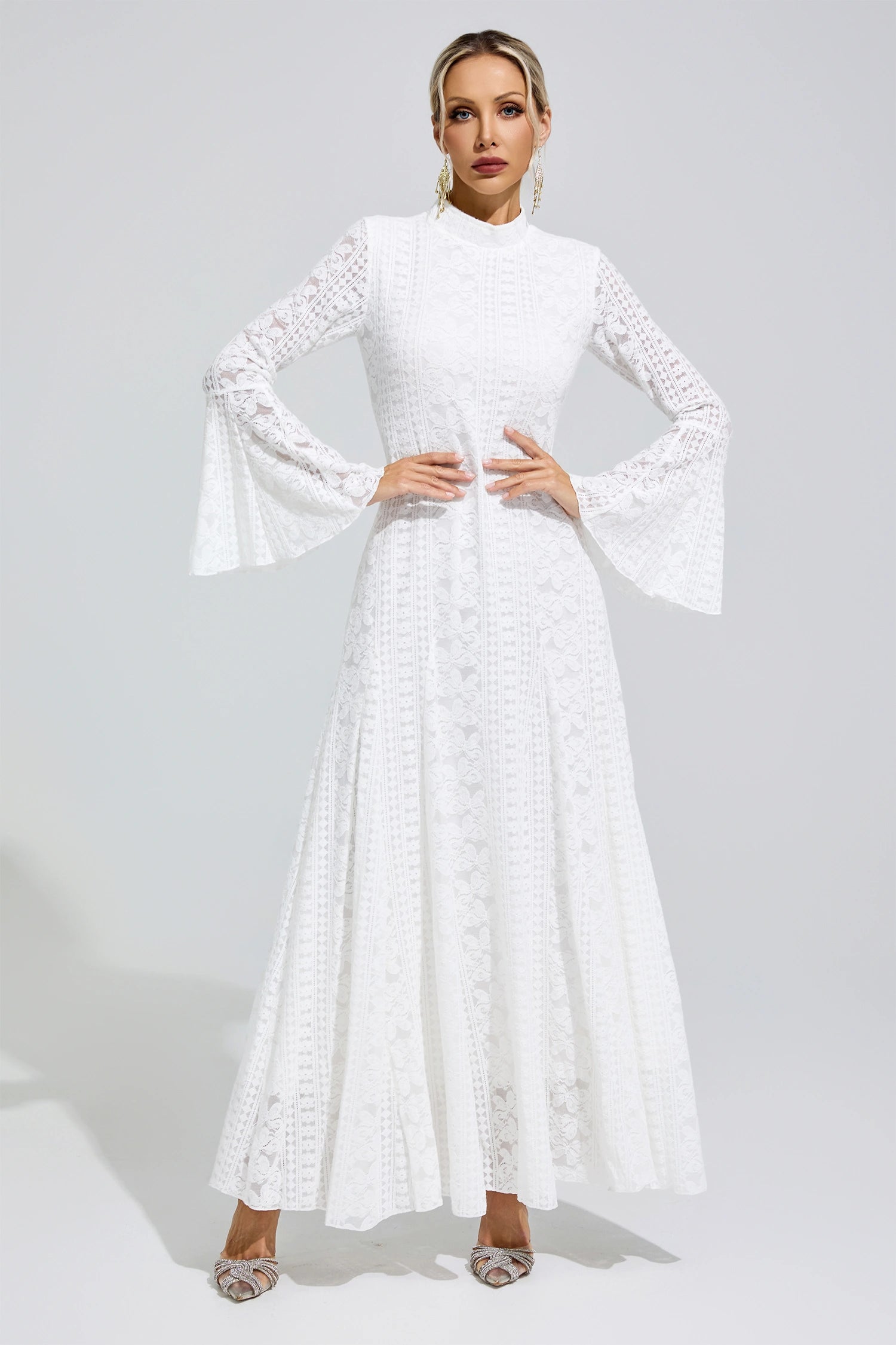 Franka White Flared Sleeve Embroidered Maxi Dress