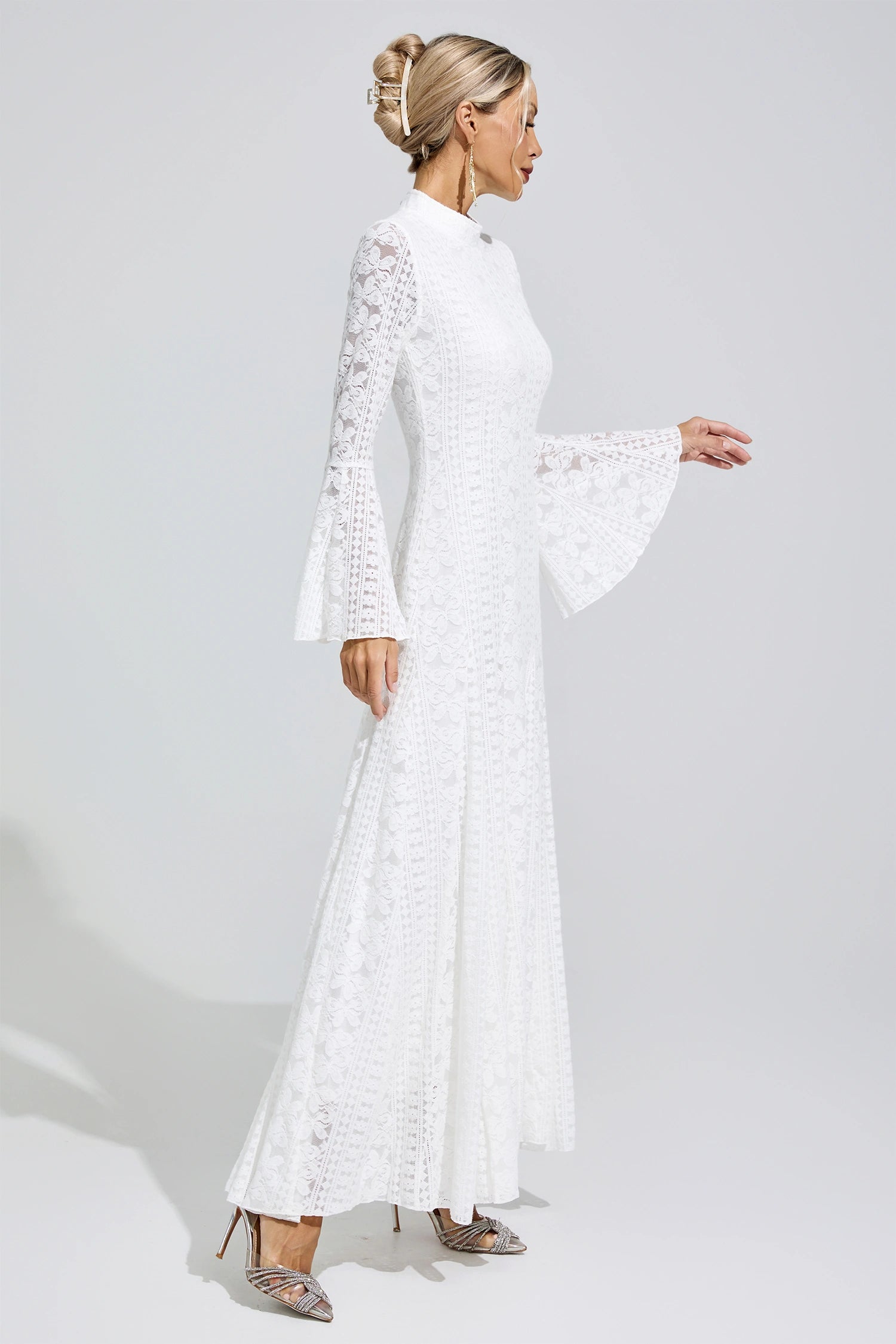 Franka White Flared Sleeve Embroidered Maxi Dress